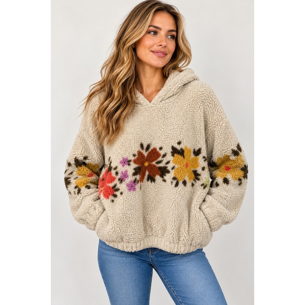 O'Neill Sherpa Hoodie Women M Boho Coastal Floral Teddy Pullover Cream